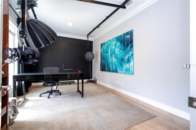 office space featuring hardwood / wood-style flooring and ornamental molding