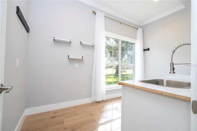 clothes washing area with light wood-type flooring, crown molding, and sink