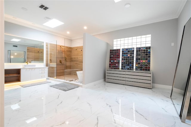 bathroom featuring vanity, an enclosed shower, and ornamental molding