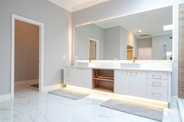 bathroom with vanity and ornamental molding