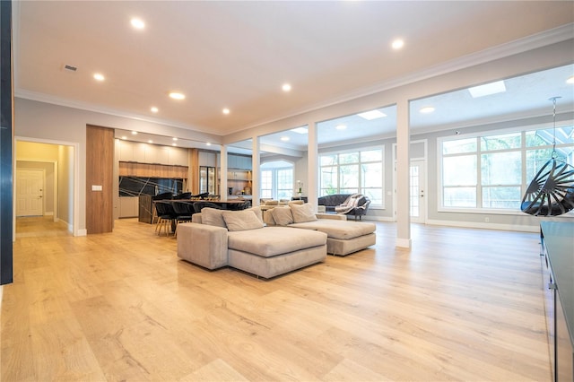 living room with ornamental molding, light hardwood / wood-style flooring, and a healthy amount of sunlight