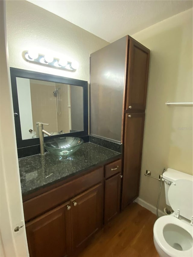 bathroom featuring wood-type flooring, vanity, and toilet