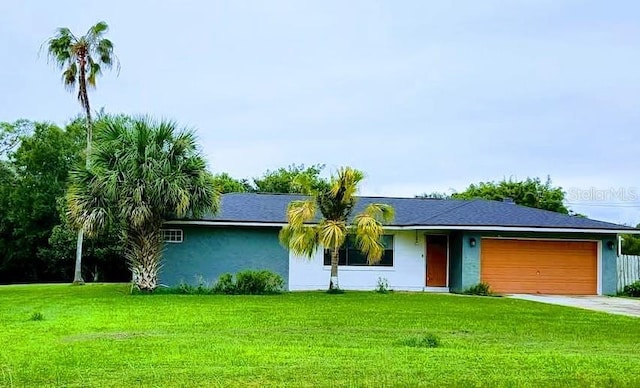 ranch-style house with a garage and a front lawn