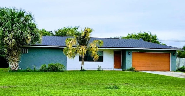 ranch-style house featuring a garage and a front yard