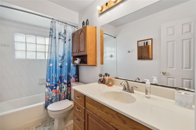 full bathroom featuring vanity, shower / bathtub combination with curtain, and toilet