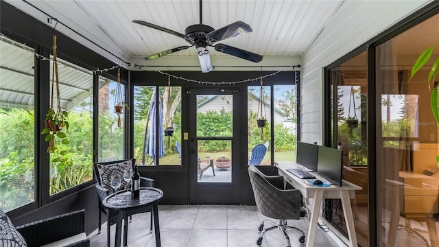 sunroom / solarium featuring ceiling fan and wooden ceiling