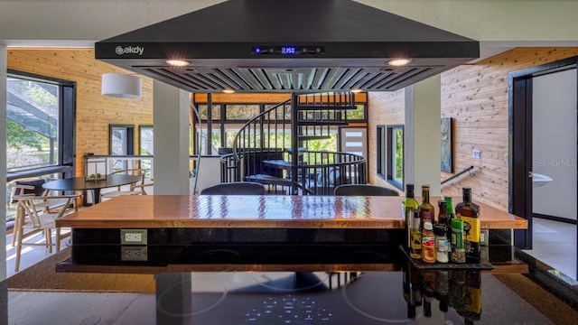 interior space with a wealth of natural light, wooden walls, and range hood