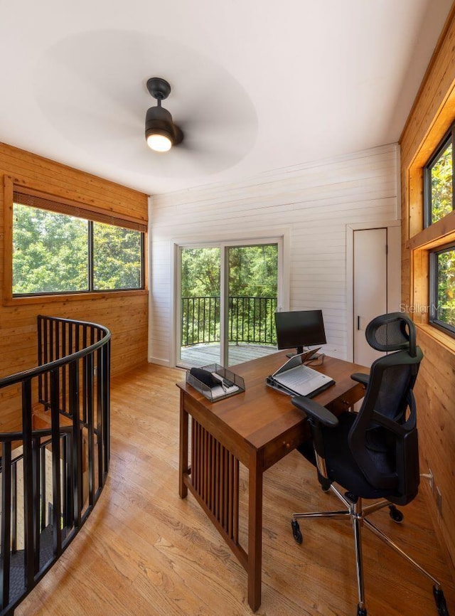 office area with a wealth of natural light, light wood-style flooring, and wood walls