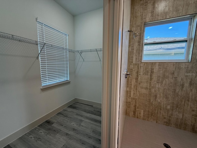 walk in closet with hardwood / wood-style floors