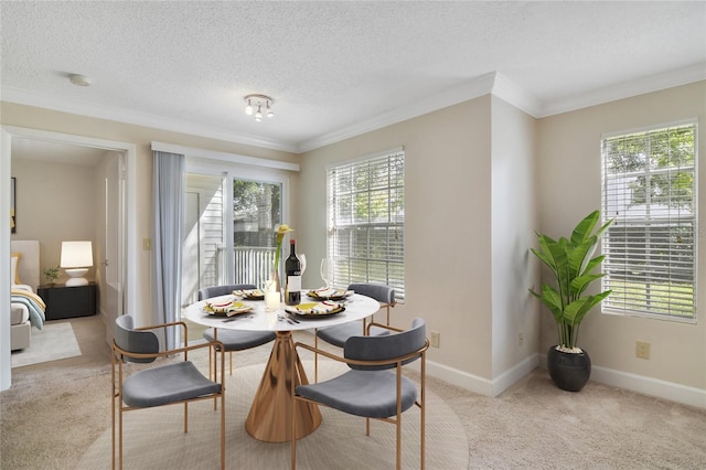 carpeted dining area featuring crown molding, plenty of natural light, and a textured ceiling