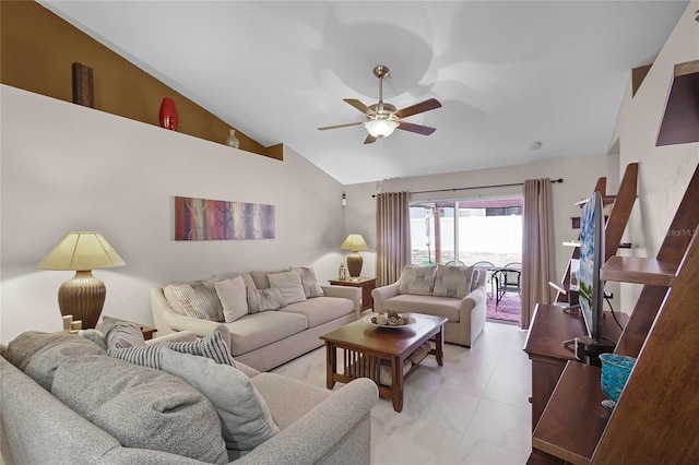 living room featuring ceiling fan and high vaulted ceiling