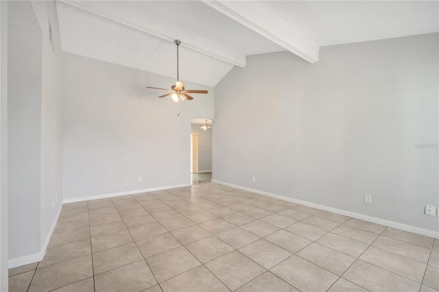 empty room featuring vaulted ceiling with beams, ceiling fan, and light tile patterned flooring