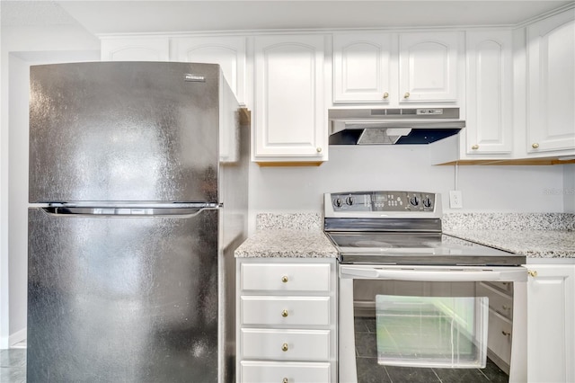 kitchen featuring white cabinetry, extractor fan, black refrigerator, light stone countertops, and electric range oven