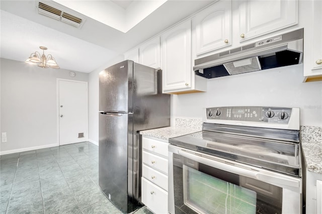 kitchen with white cabinetry, black fridge, and stainless steel electric stove