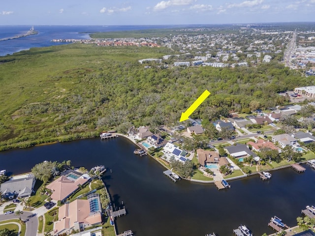 aerial view featuring a water view