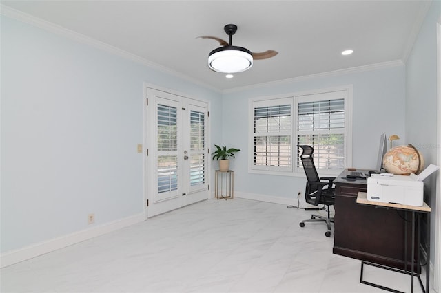 office with ornamental molding, french doors, and ceiling fan