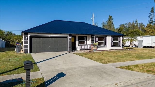 ranch-style house with a porch, a garage, and a front lawn