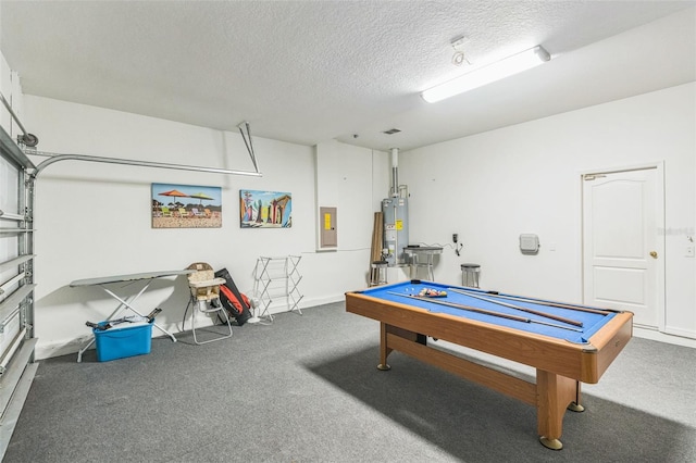 game room with pool table, gas water heater, a textured ceiling, electric panel, and carpet floors