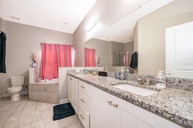 full bathroom with toilet, plus walk in shower, vanity, and tile patterned floors