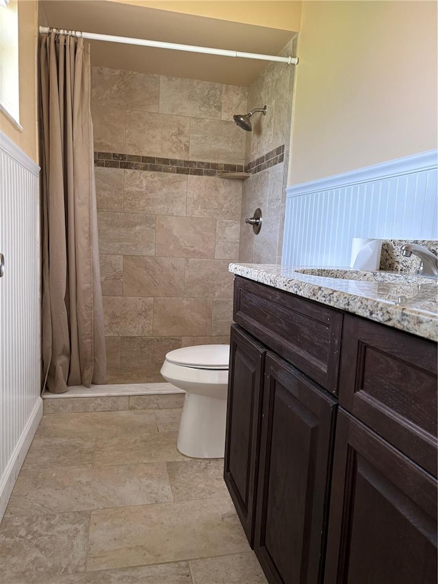 bathroom featuring vanity, toilet, and a shower with curtain