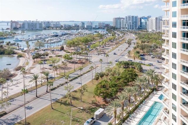 bird's eye view with a water view