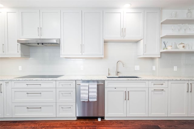 kitchen with white cabinets, stainless steel dishwasher, black electric stovetop, and sink