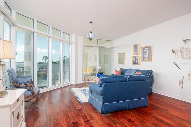 living room featuring a healthy amount of sunlight and dark hardwood / wood-style flooring