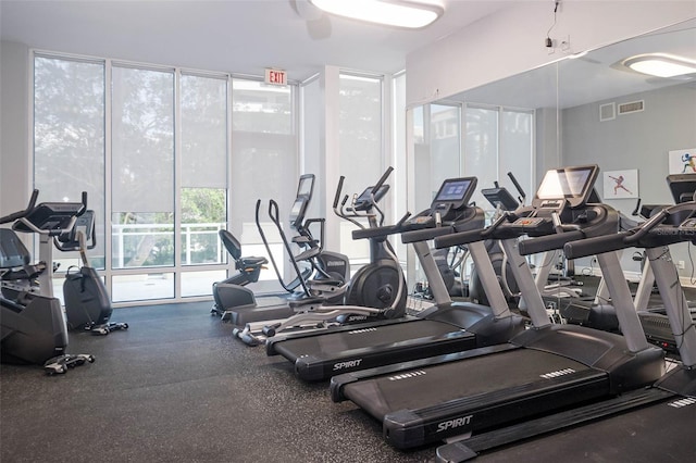 workout area with a wall of windows