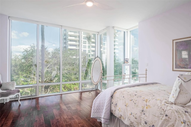 bedroom with floor to ceiling windows, multiple windows, dark wood-type flooring, and ceiling fan