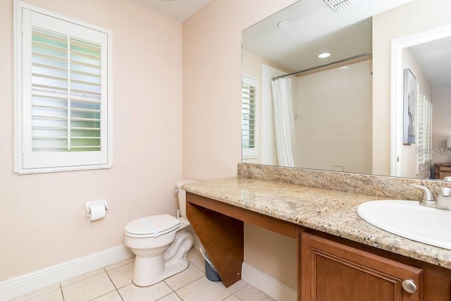 bathroom with toilet, a shower with shower curtain, tile patterned floors, and plenty of natural light