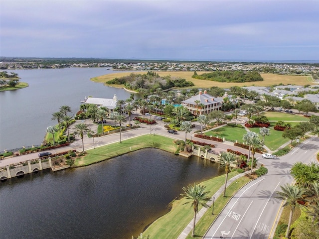 drone / aerial view featuring a water view