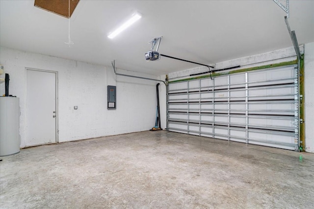 garage featuring water heater, a garage door opener, and electric panel