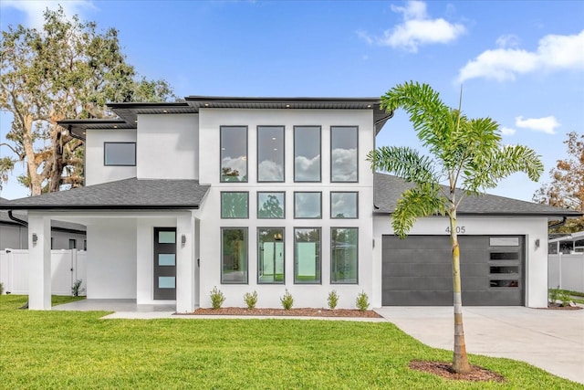 modern home featuring a front lawn and a garage