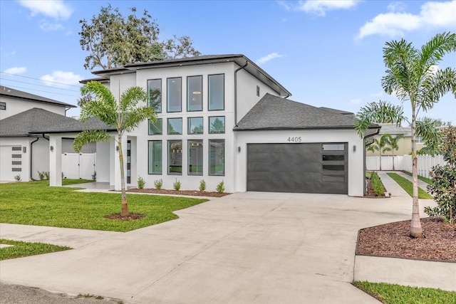 view of front of property with a front lawn and a garage