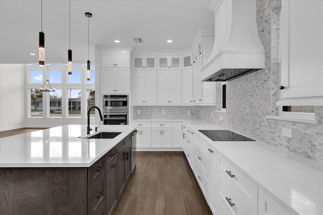 kitchen with white cabinetry, stainless steel appliances, decorative light fixtures, a kitchen island with sink, and custom exhaust hood