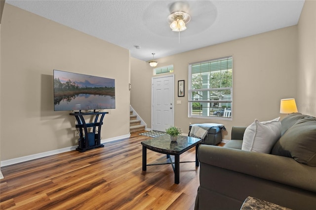 living room with ceiling fan, wood-type flooring, and a textured ceiling