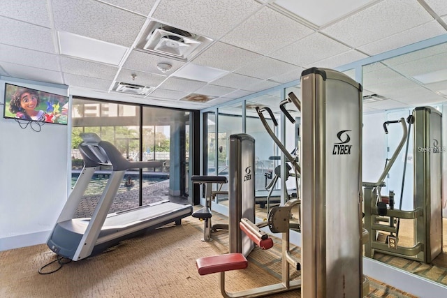 workout area featuring carpet floors, a drop ceiling, and a wall of windows