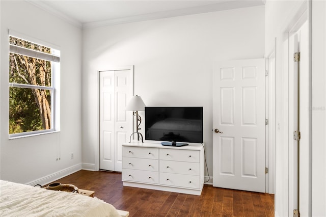 bedroom featuring crown molding, baseboards, and dark wood-type flooring