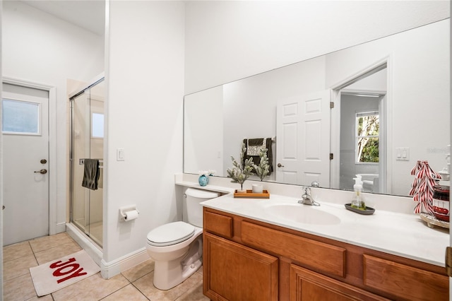 full bath with vanity, a stall shower, tile patterned flooring, and toilet