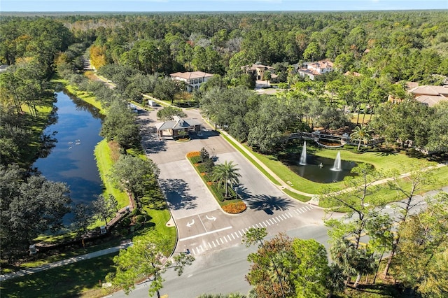 aerial view featuring a water view and a forest view