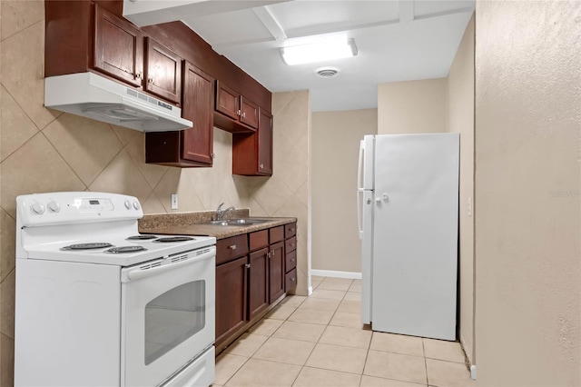 kitchen with sink, tile walls, light tile patterned floors, white appliances, and decorative backsplash