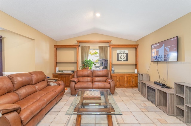 tiled living room with vaulted ceiling