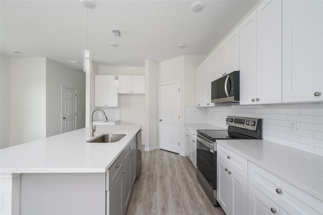 kitchen featuring stainless steel appliances, light wood-style floors, a sink, and backsplash