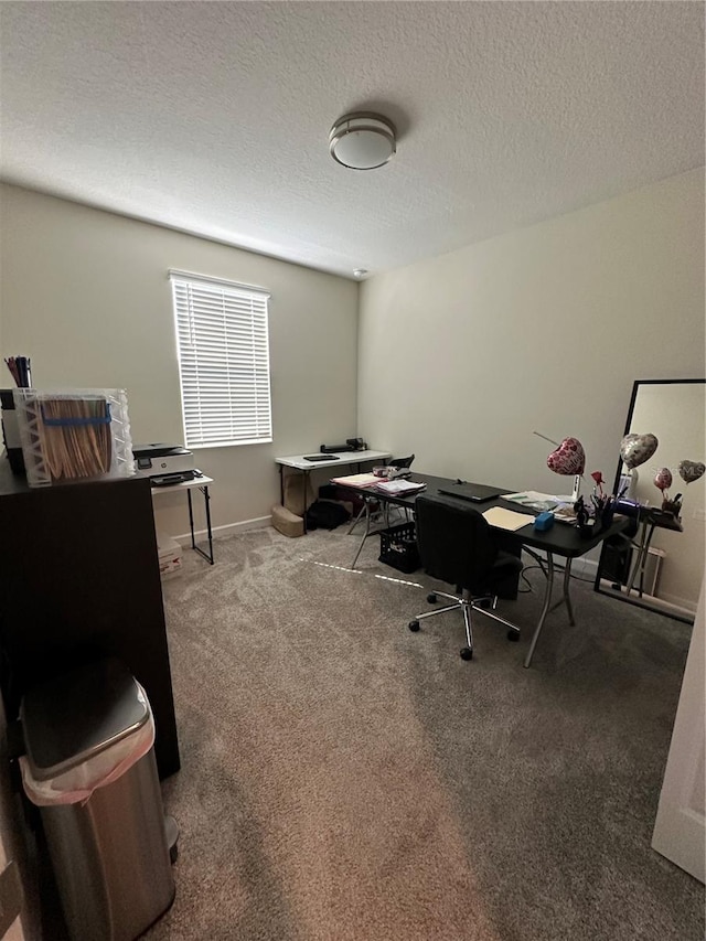 carpeted office space featuring a textured ceiling