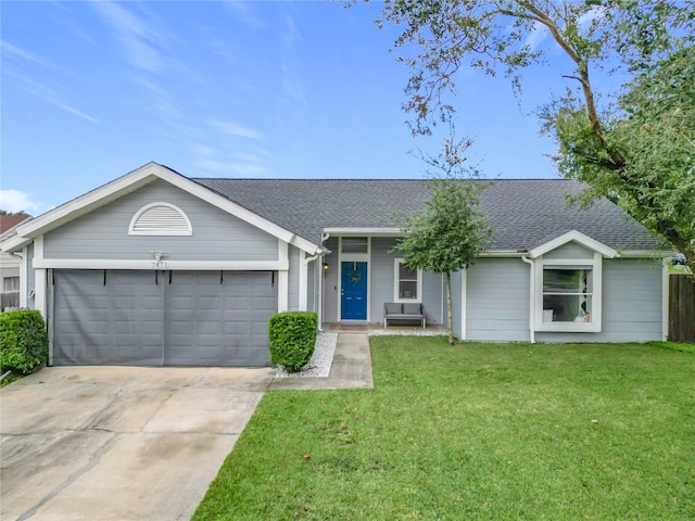 single story home with a front lawn and a garage