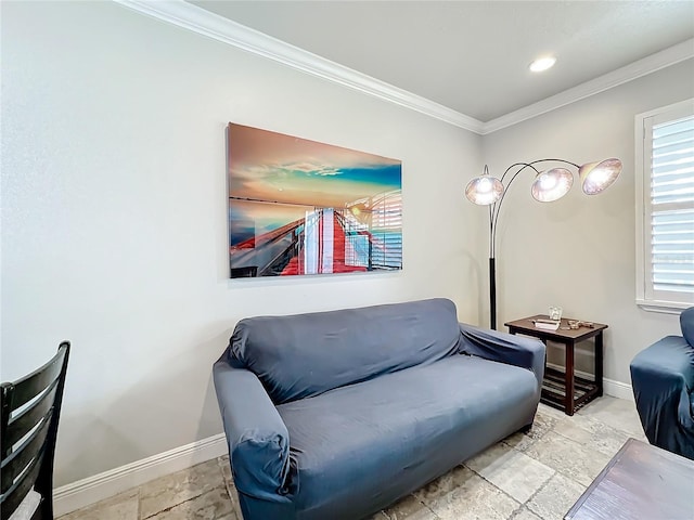 living area with ornamental molding