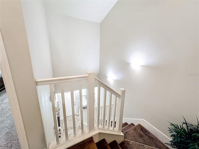 stairway featuring carpet flooring