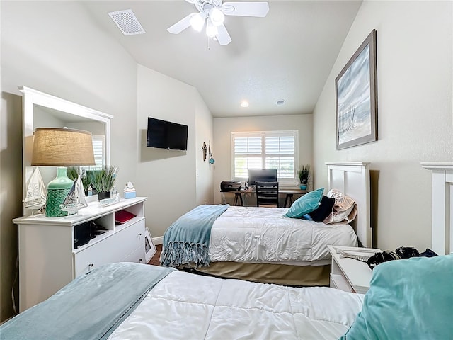 bedroom featuring vaulted ceiling and ceiling fan