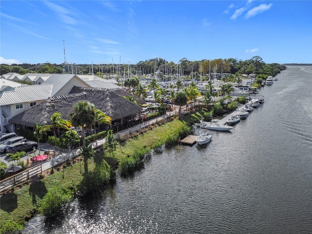 birds eye view of property with a water view