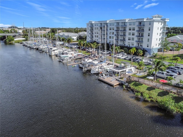 aerial view featuring a water view